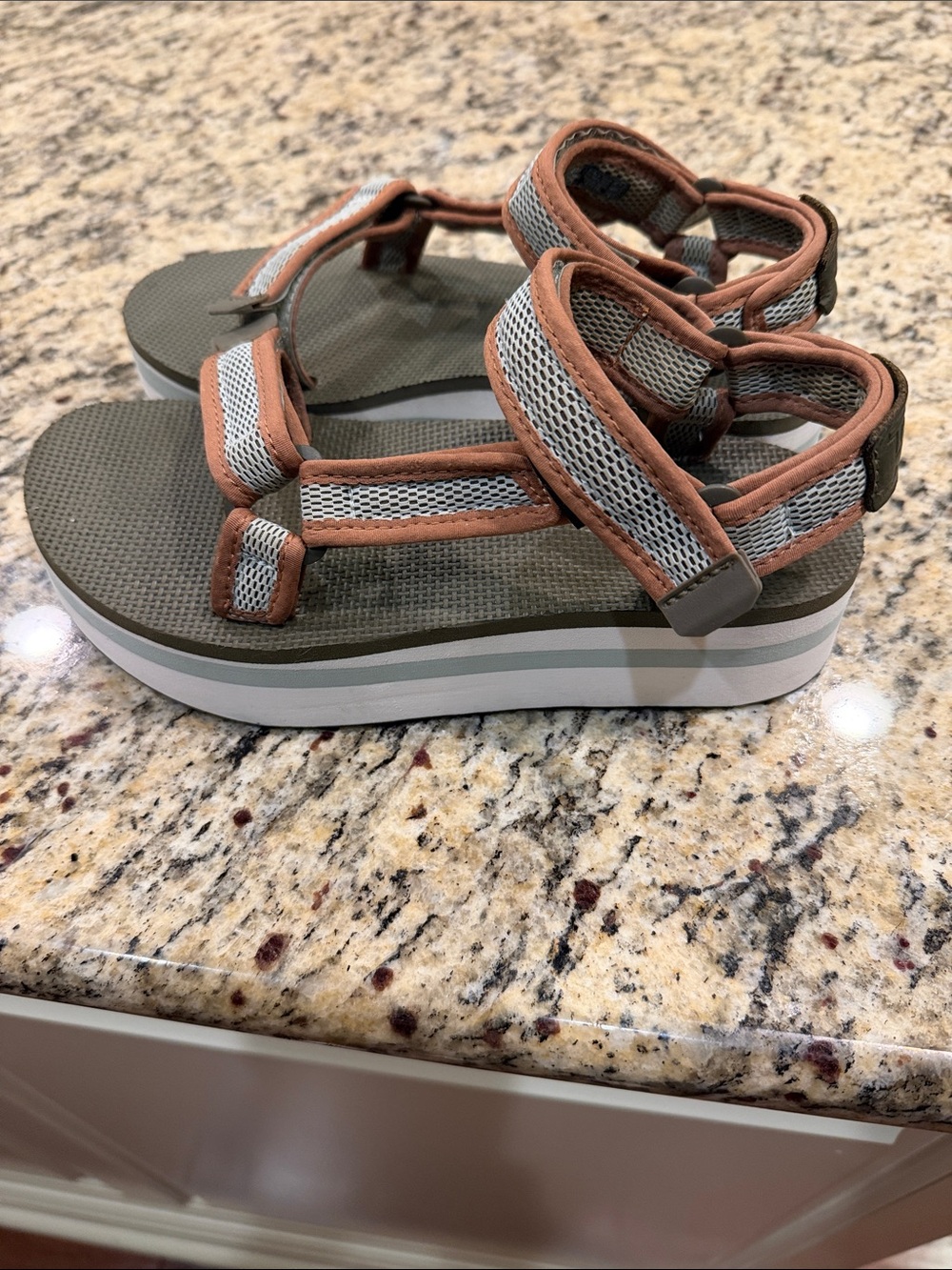 Teva Brown and Olive Strappy Platform Sandals